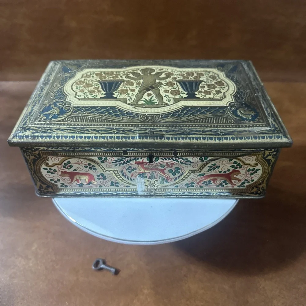 Antique metal/tin box from candy/biscuits?-Early 1900's-Made in England w-key